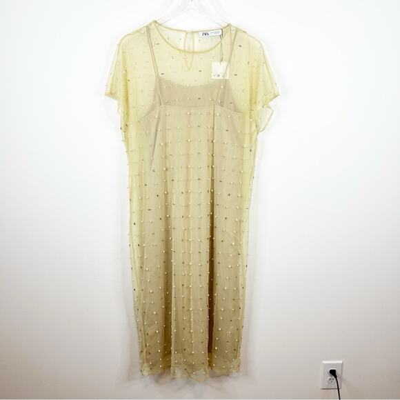 NWT ZARA Mesh Pearl Beaded Midi Dress XS/S Tan - Picture 2 of 7